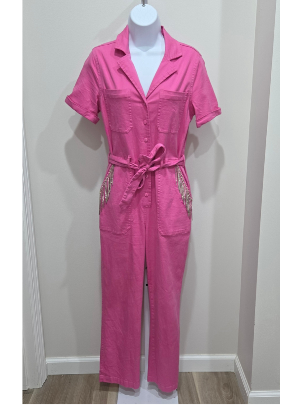Blue B Collection Womens Pink Rhinestone Fringe Jumpsuit Size S